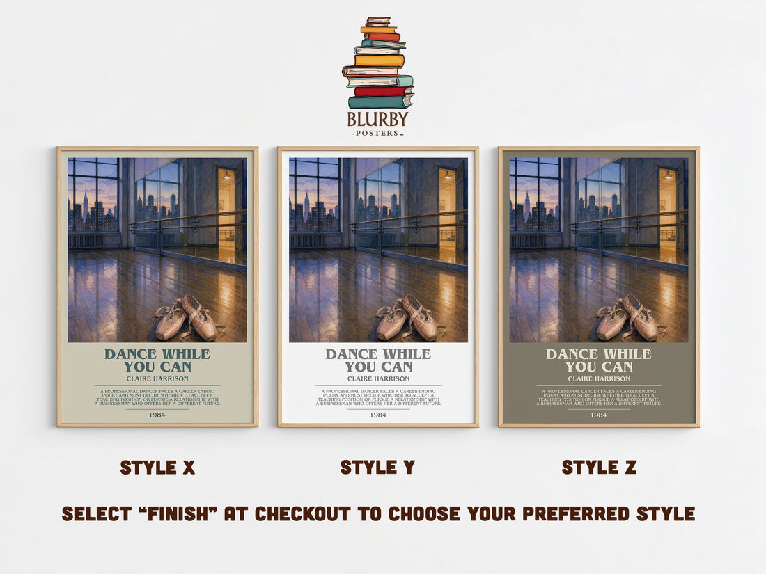 Dance While You Can bookish print in frame leaning in hallway – contemporary fiction wall art (mockup)