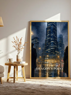 Dragon's Point watercolour print in frame leaning in hallway – literary fiction wall art