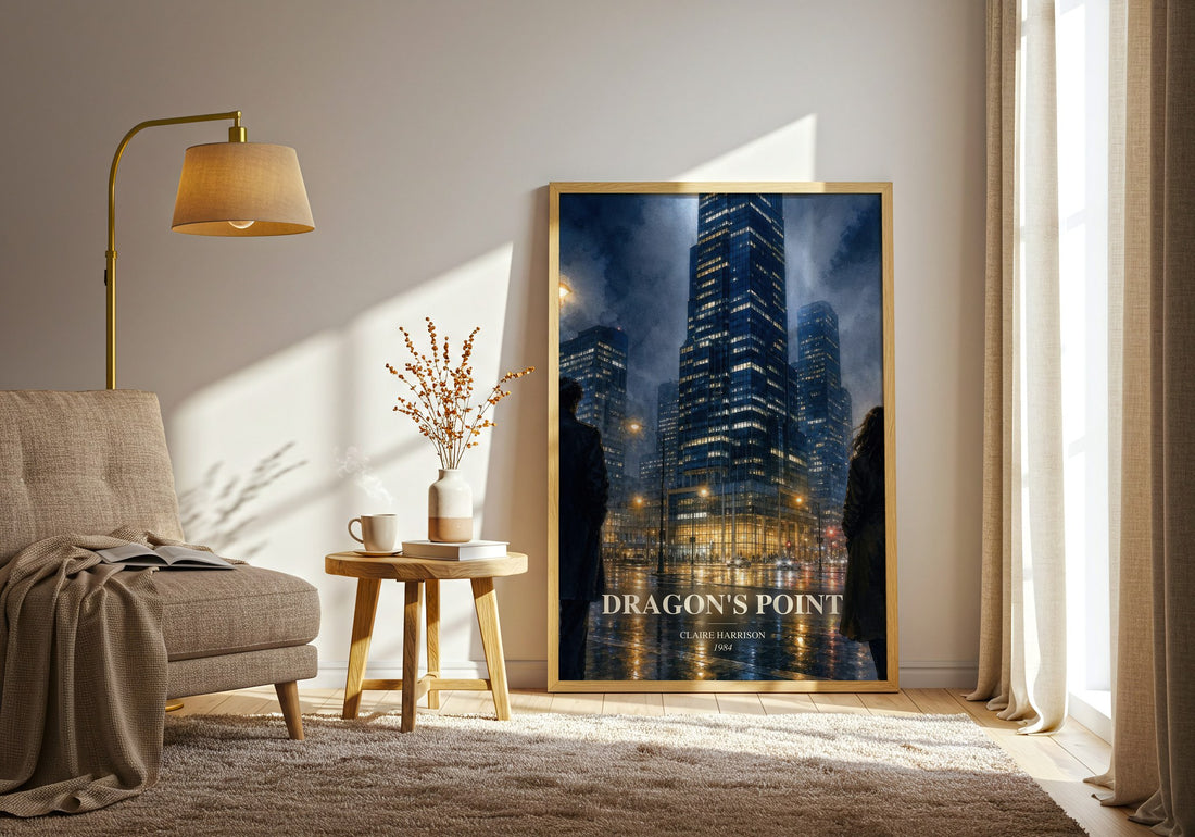 Dragon's Point watercolour print in frame leaning in hallway – literary fiction wall art
