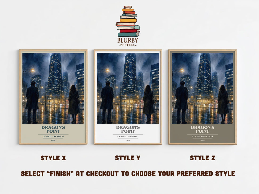 Dragon's Point book cover print in frame leaning in hallway – literary fiction wall art (mockup)