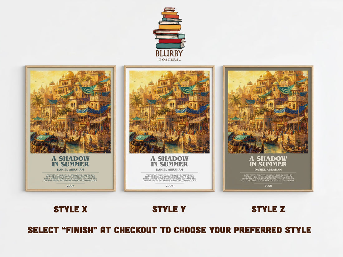 A Shadow in Summer bookish print in frame leaning in hallway – fantasy wall art (mockup)