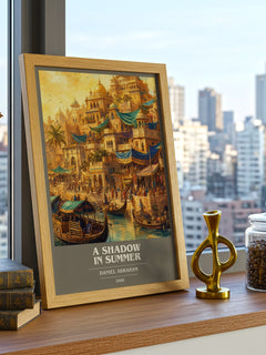 A Shadow in Summer book cover print framed by window – literary home decor