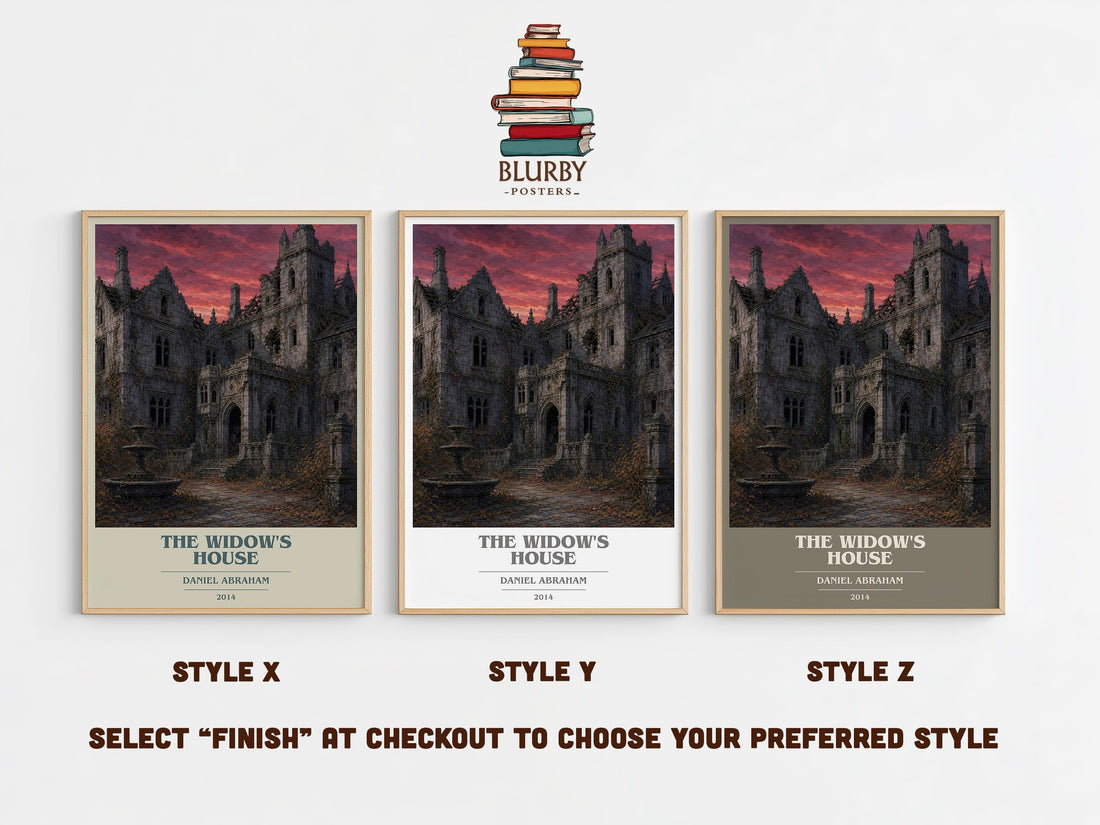 The widow's house book cover print in frame leaning in hallway – horror wall art (mockup)
