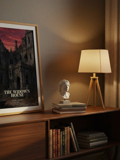 The widow's house watercolour print on bookshelf – Daniel Abraham fan gift