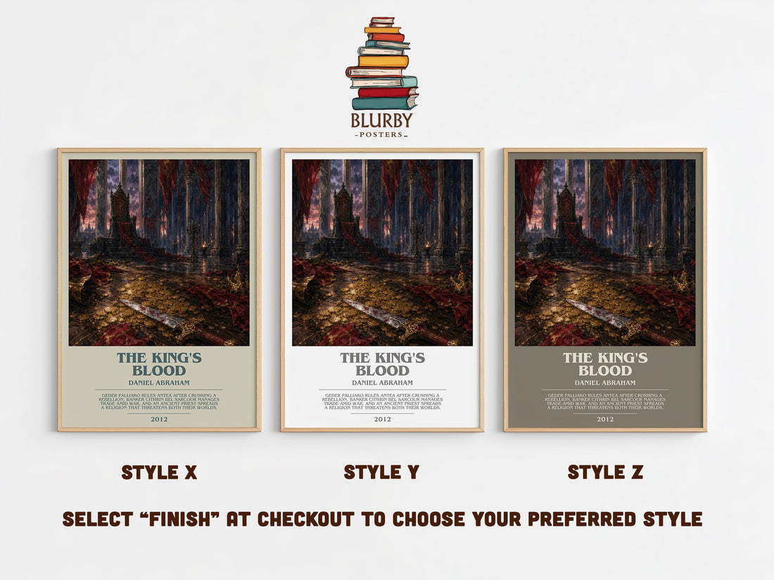 The king's blood bookish print in frame leaning in hallway – fantasy wall art (mockup)