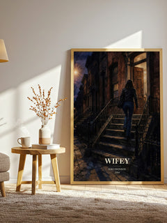 Wifey watercolour print in frame leaning in hallway – contemporary fiction wall art