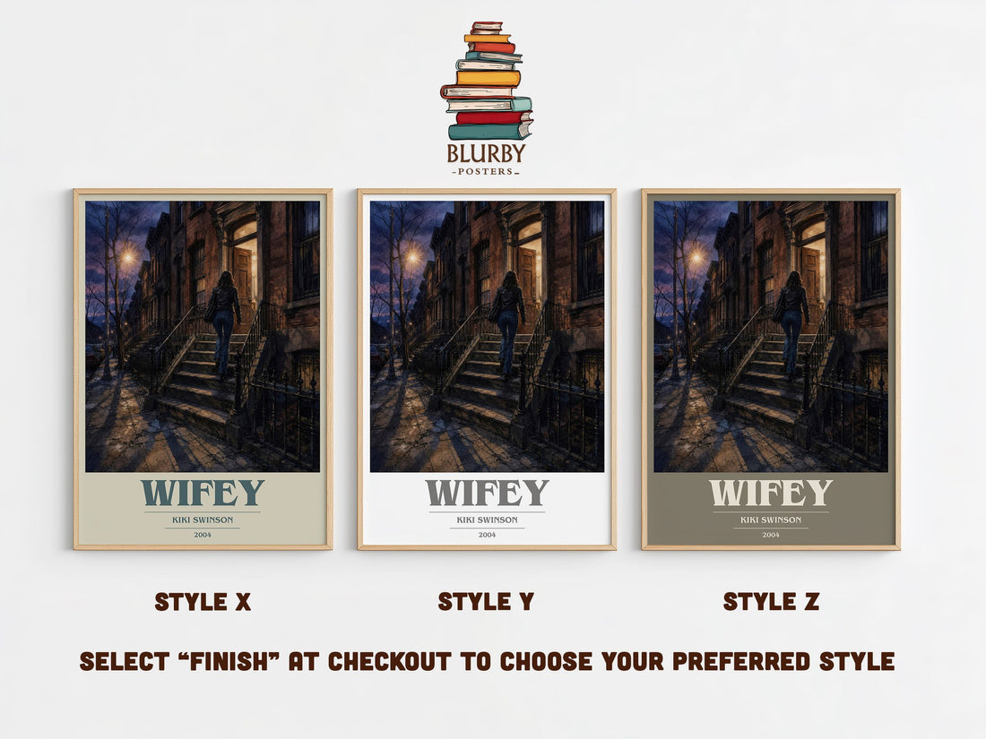 Wifey book cover print in frame leaning in hallway – contemporary fiction wall art (mockup)