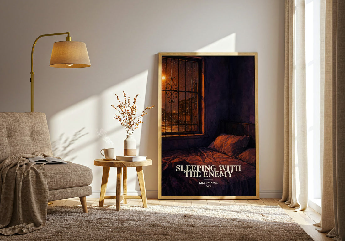 Sleeping with the enemy watercolour print in frame leaning in hallway – crime wall art