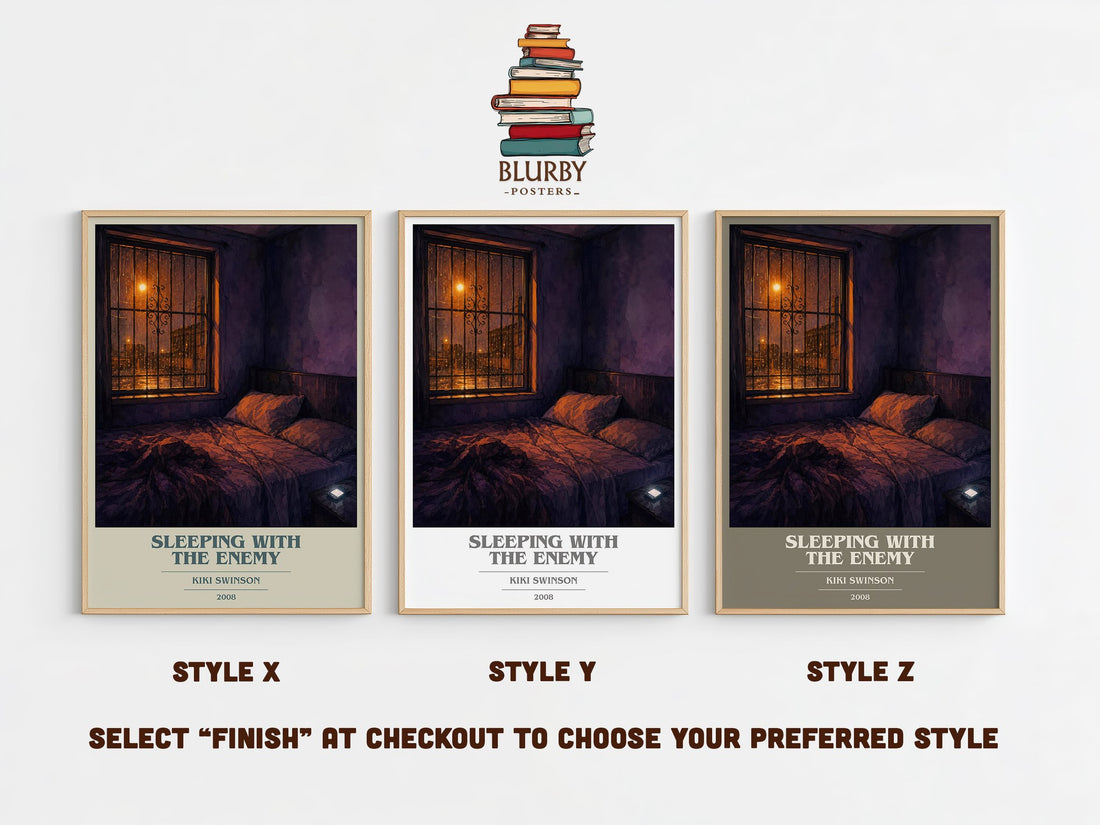 Sleeping with the enemy book cover print in frame leaning in hallway – crime wall art (mockup)