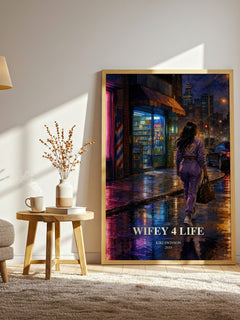 Wifey 4 life watercolour print in frame leaning in hallway – contemporary fiction wall art