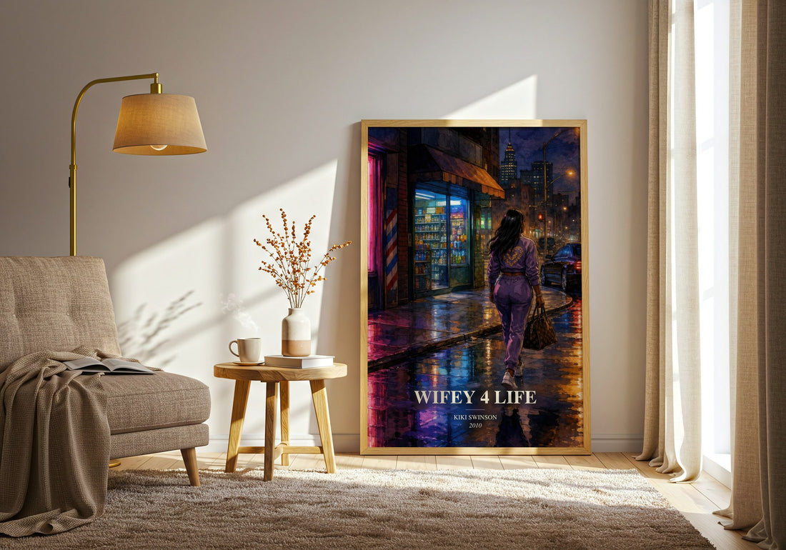 Wifey 4 life watercolour print in frame leaning in hallway – contemporary fiction wall art