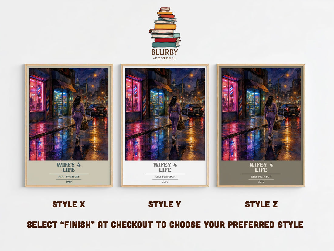 Wifey 4 life book cover print in frame leaning in hallway – contemporary fiction wall art (mockup)