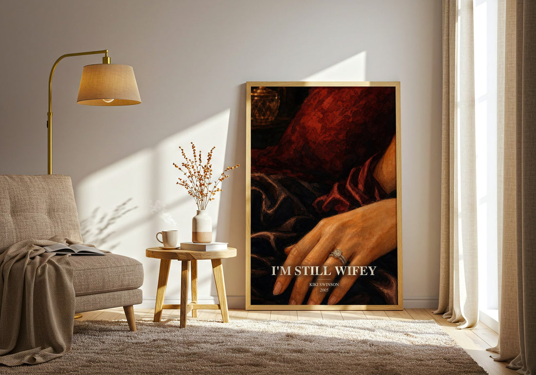 I'm Still Wifey watercolour print in frame leaning in hallway – thriller wall art