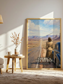 America Day by Day watercolour print in frame leaning in hallway – memoir wall art