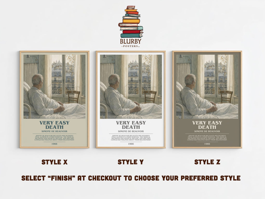 Very Easy Death bookish print in frame leaning in hallway – memoir wall art (mockup)