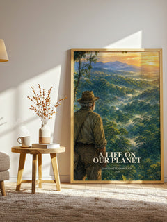 A Life on Our Planet watercolour print in frame leaning in hallway – non fiction wall art
