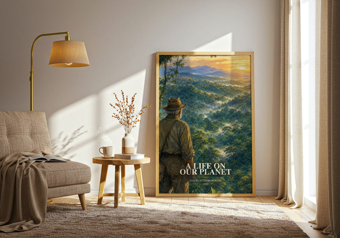 A Life on Our Planet watercolour print in frame leaning in hallway – non fiction wall art