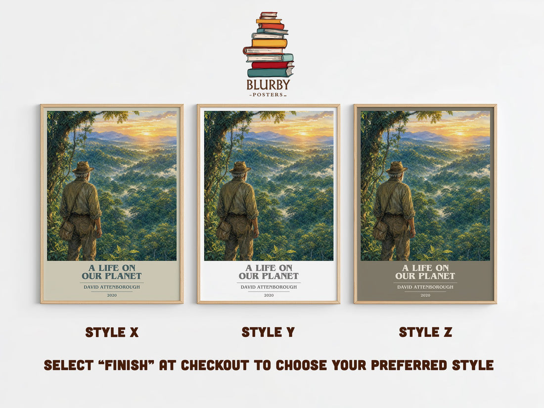 A Life on Our Planet book cover print in frame leaning in hallway – non fiction wall art (mockup)