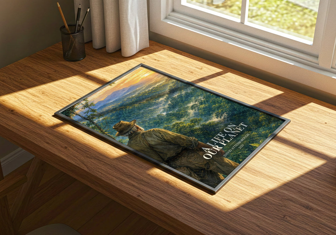 A Life on Our Planet watercolour book poster framed on wall – non fiction wall art