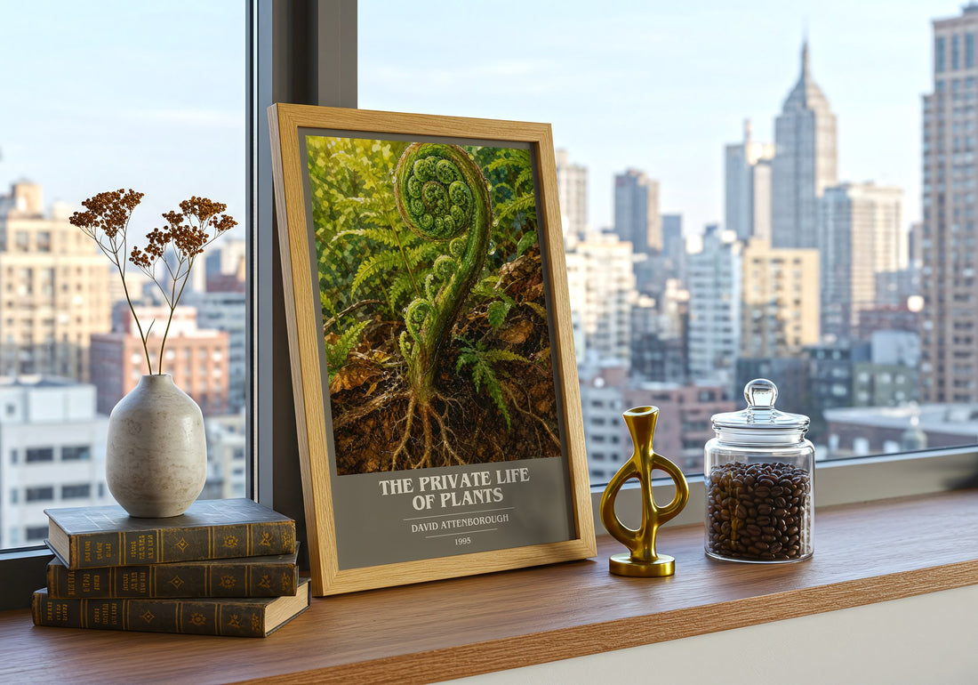 The private life of plants book cover print framed by window – literary home decor