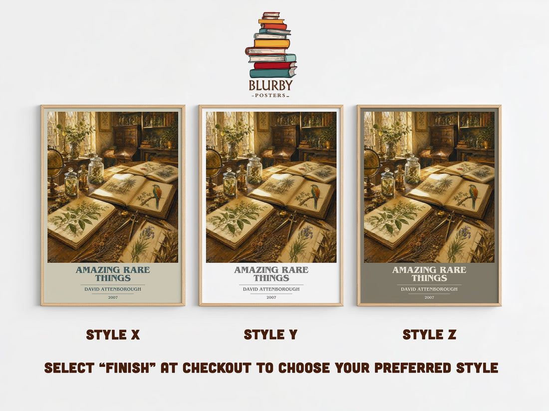 Amazing rare things book cover print in frame leaning in hallway – non fiction wall art (mockup)