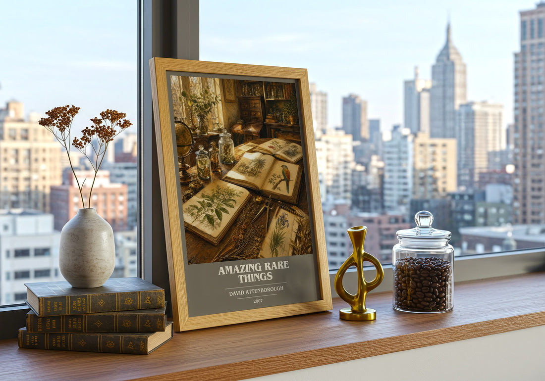Amazing rare things book cover print framed by window – literary home decor
