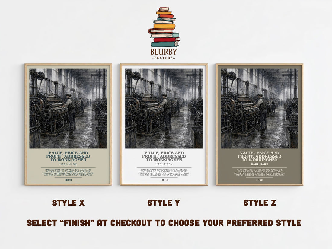 Value, price and profit, addressed to workingmen bookish print in frame leaning in hallway – non fiction wall art (mockup)