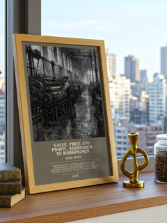 Value, price and profit, addressed to workingmen bookish print framed by window – literary home decor