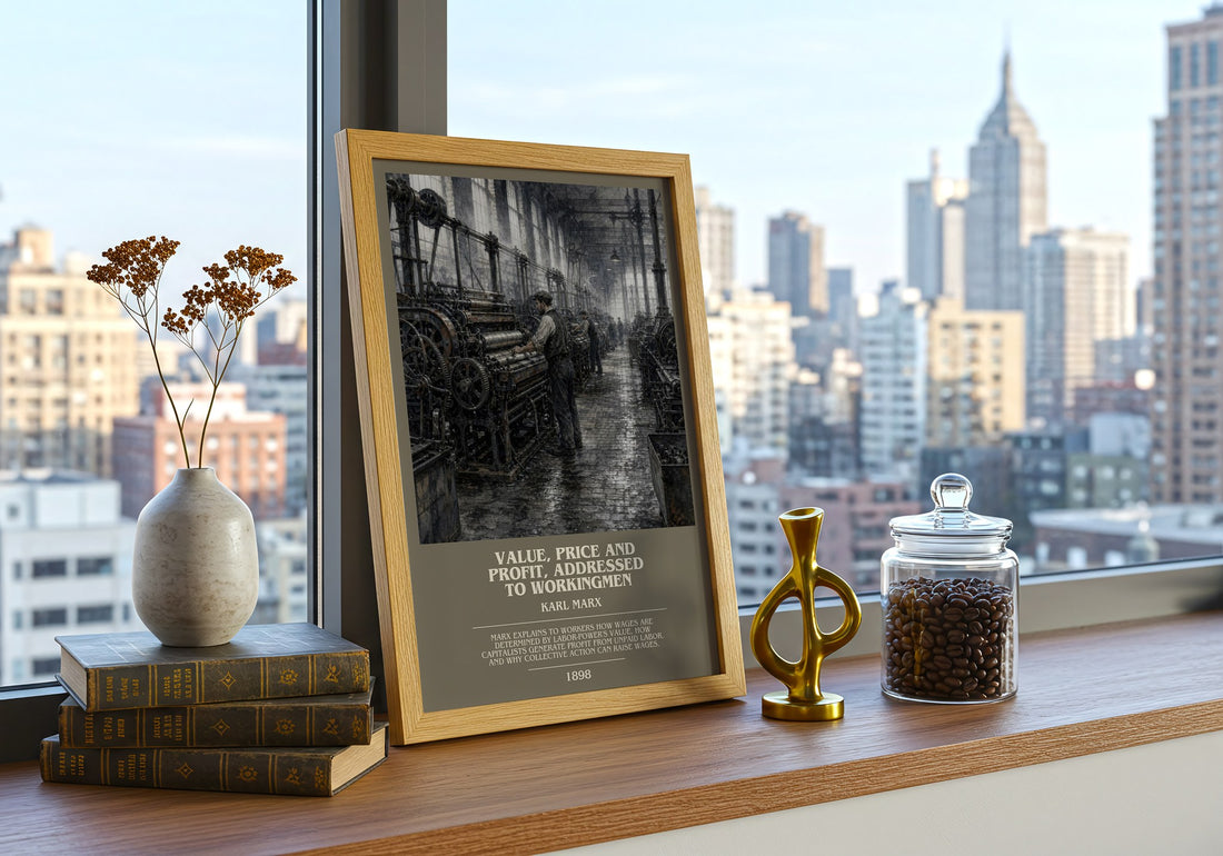 Value, price and profit, addressed to workingmen bookish print framed by window – literary home decor