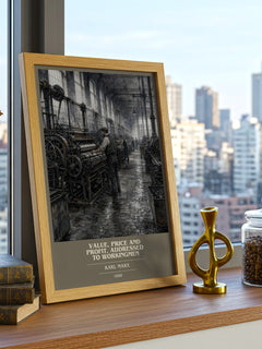 Value, price and profit, addressed to workingmen book cover print framed by window – literary home decor