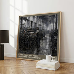 Value, price and profit, addressed to workingmen literary print framed by window – literary home decor