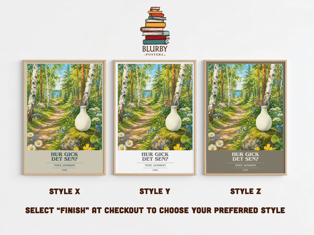 Hur gick det sen? book cover print in frame leaning in hallway – childrens wall art (mockup)