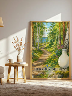Hur gick det sen? watercolour print in frame leaning in hallway – childrens wall art