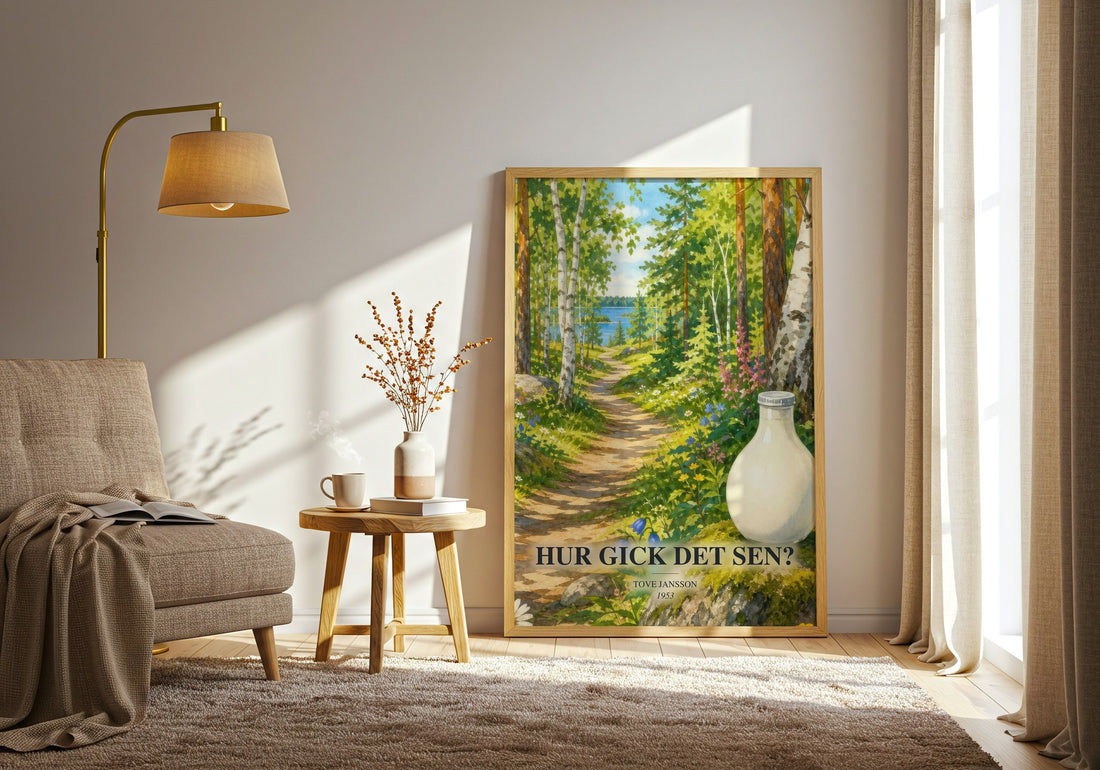 Hur gick det sen? watercolour print in frame leaning in hallway – childrens wall art