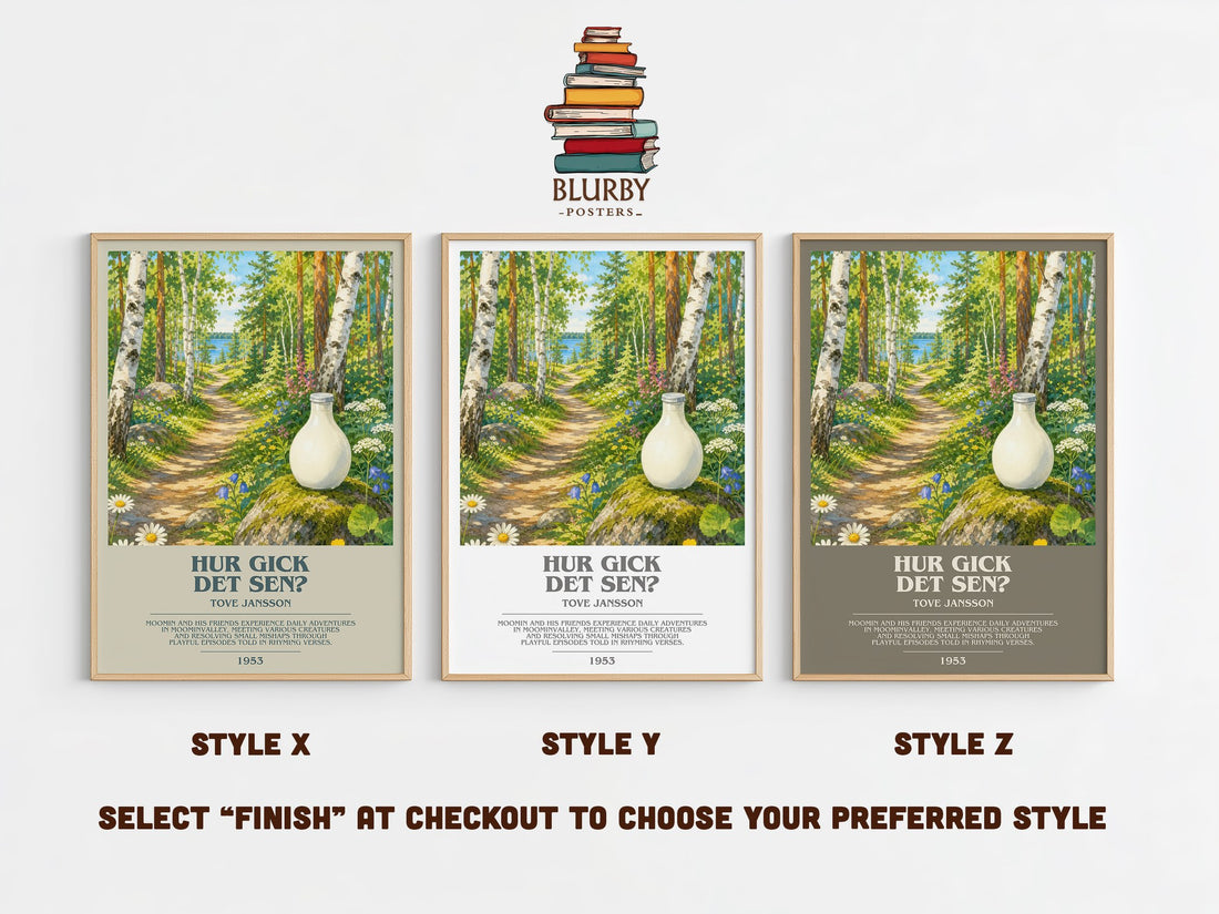 Hur gick det sen? bookish print in frame leaning in hallway – childrens wall art (mockup)