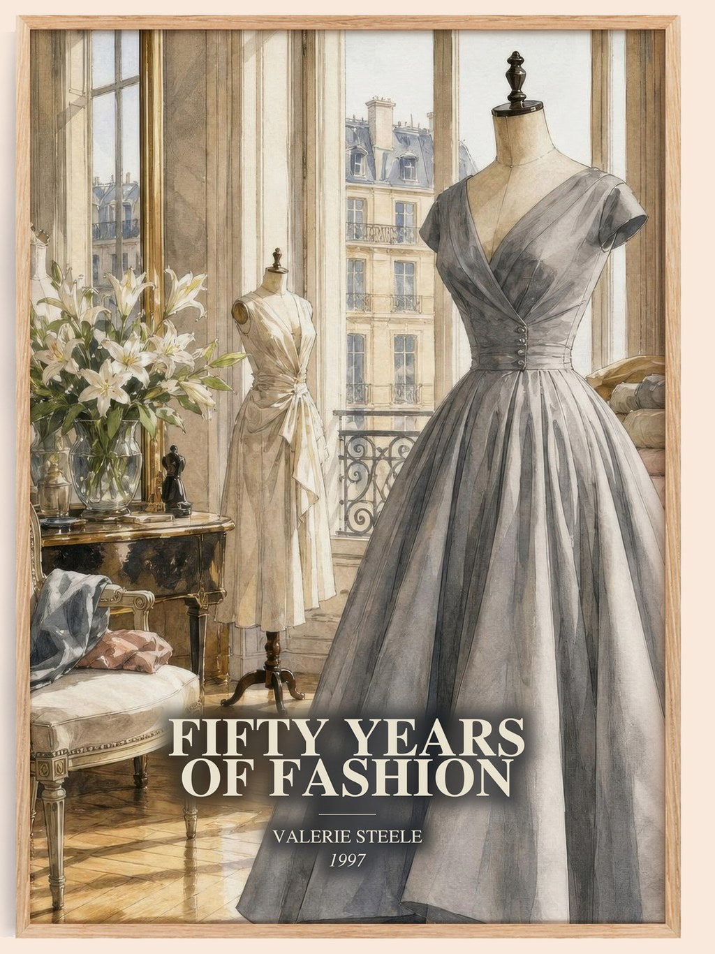 Fifty years of fashion watercolour book poster by Valerie Steele – framed literary art print