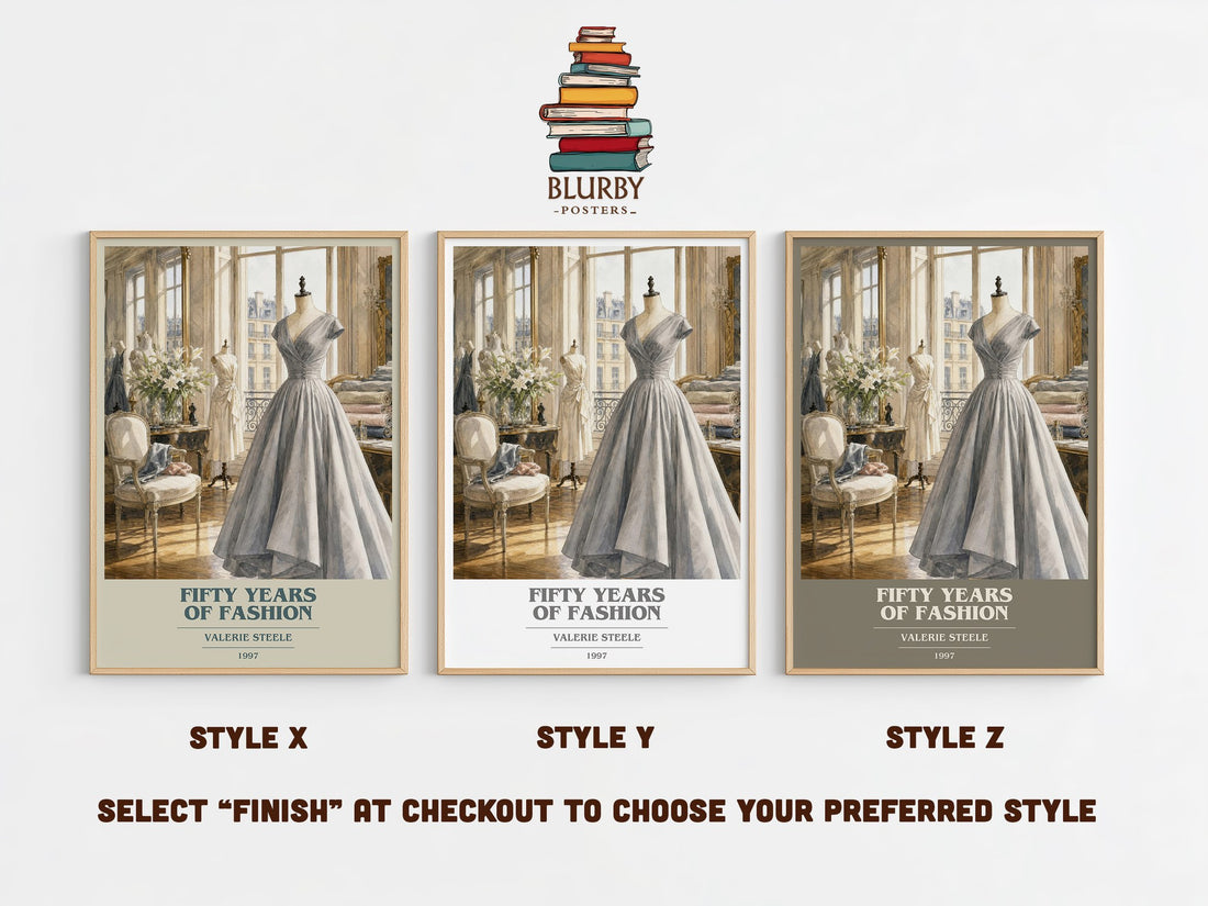 Fifty years of fashion book cover print in frame leaning in hallway – non fiction wall art (mockup)