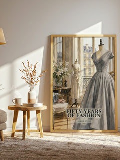 Fifty years of fashion watercolour print in frame leaning in hallway – non fiction wall art