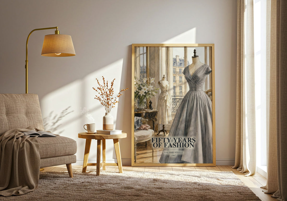 Fifty years of fashion watercolour print in frame leaning in hallway – non fiction wall art