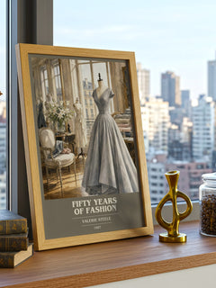 Fifty years of fashion book cover print framed by window – literary home decor