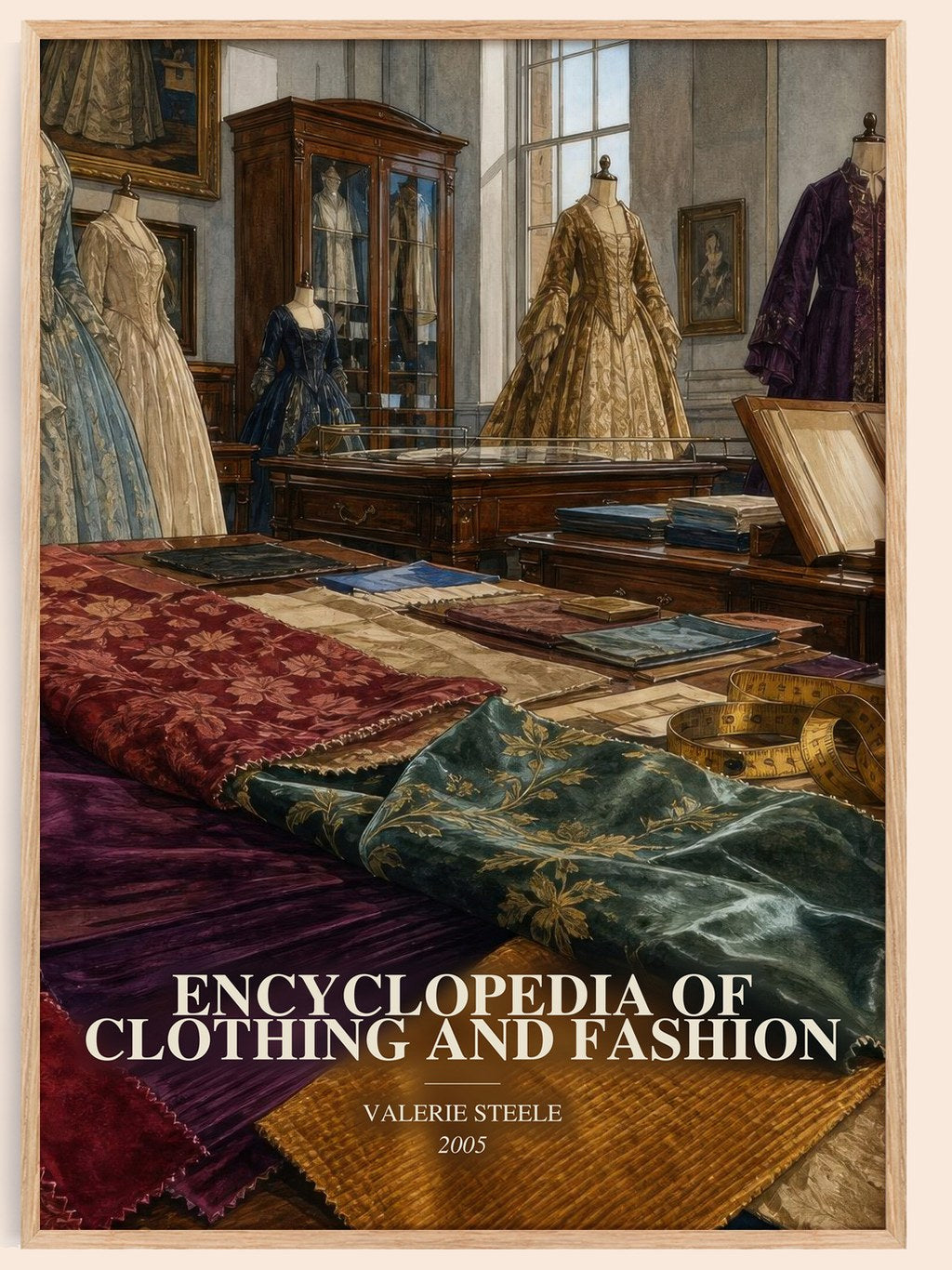 Encyclopedia of clothing and fashion watercolour book poster by Valerie Steele – framed literary art print