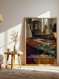 Encyclopedia of clothing and fashion watercolour print in frame leaning in hallway – non fiction wall art