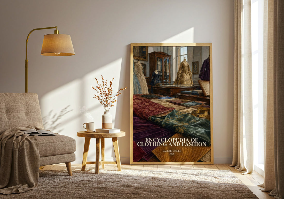 Encyclopedia of clothing and fashion watercolour print in frame leaning in hallway – non fiction wall art