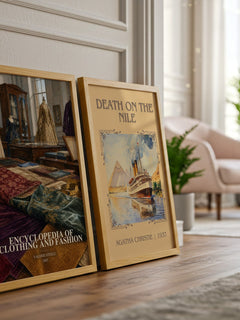 Encyclopedia of clothing and fashion watercolour print framed by window – literary home decor