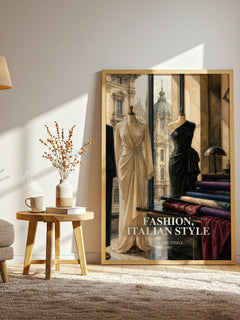 Fashion, Italian style watercolour print in frame leaning in hallway – non fiction wall art
