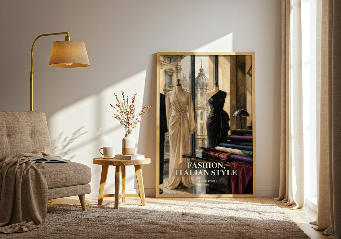 Fashion, Italian style watercolour print in frame leaning in hallway – non fiction wall art