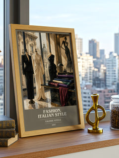 Fashion, Italian style book cover print framed by window – literary home decor