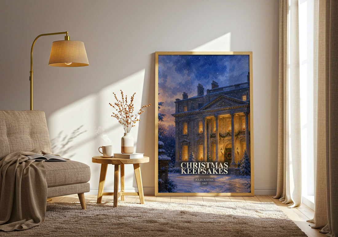 Christmas Keepsakes watercolour print in frame leaning in hallway – romance wall art