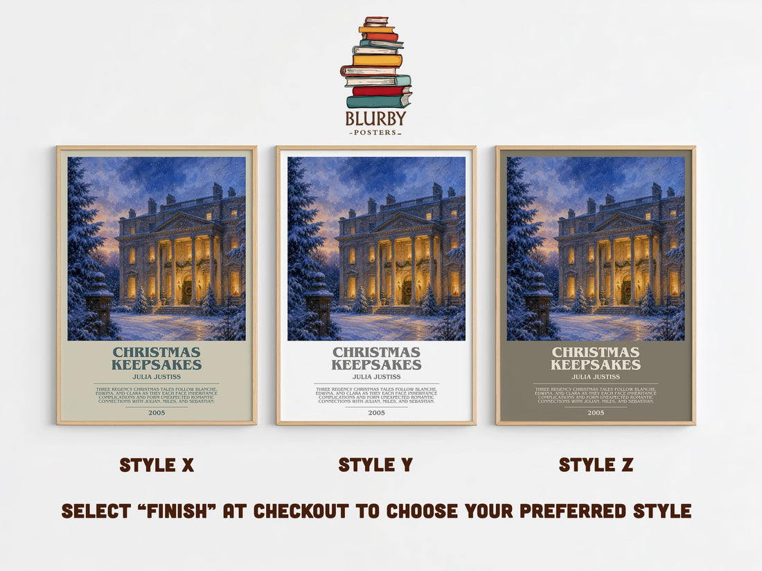 Christmas Keepsakes bookish print in frame leaning in hallway – romance wall art (mockup)