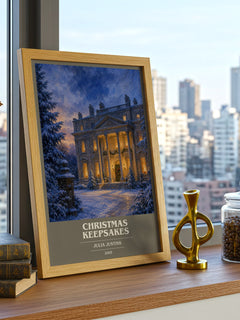 Christmas Keepsakes book cover print framed by window – literary home decor